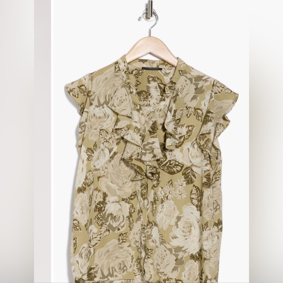 T Tahari Floral Ruffle Blouse - Olive and White Women’s Size Medium - Picture 4 of 16
